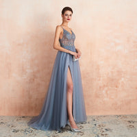 Pink Beaded Prom Dresses Plus Size 2023 Long Elegant See Through A Line Split Tulle V Neck Spaghetti Strap Evening Gown