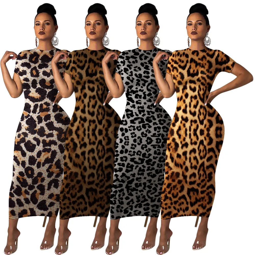 Women Leopard Short Sleeve Maxi Dress Church Party Robe Tunic Vestidos Party Night Fall Summer Bodycon Dresses New 2021