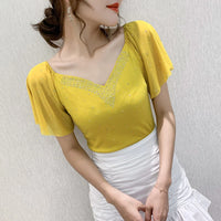 Summer Fashion Korean Clothes T-Shirt Sexy V-Neck Diamonds Cotton Women Tops Ruffled Sleeve Tees All Match 2022 New T07601