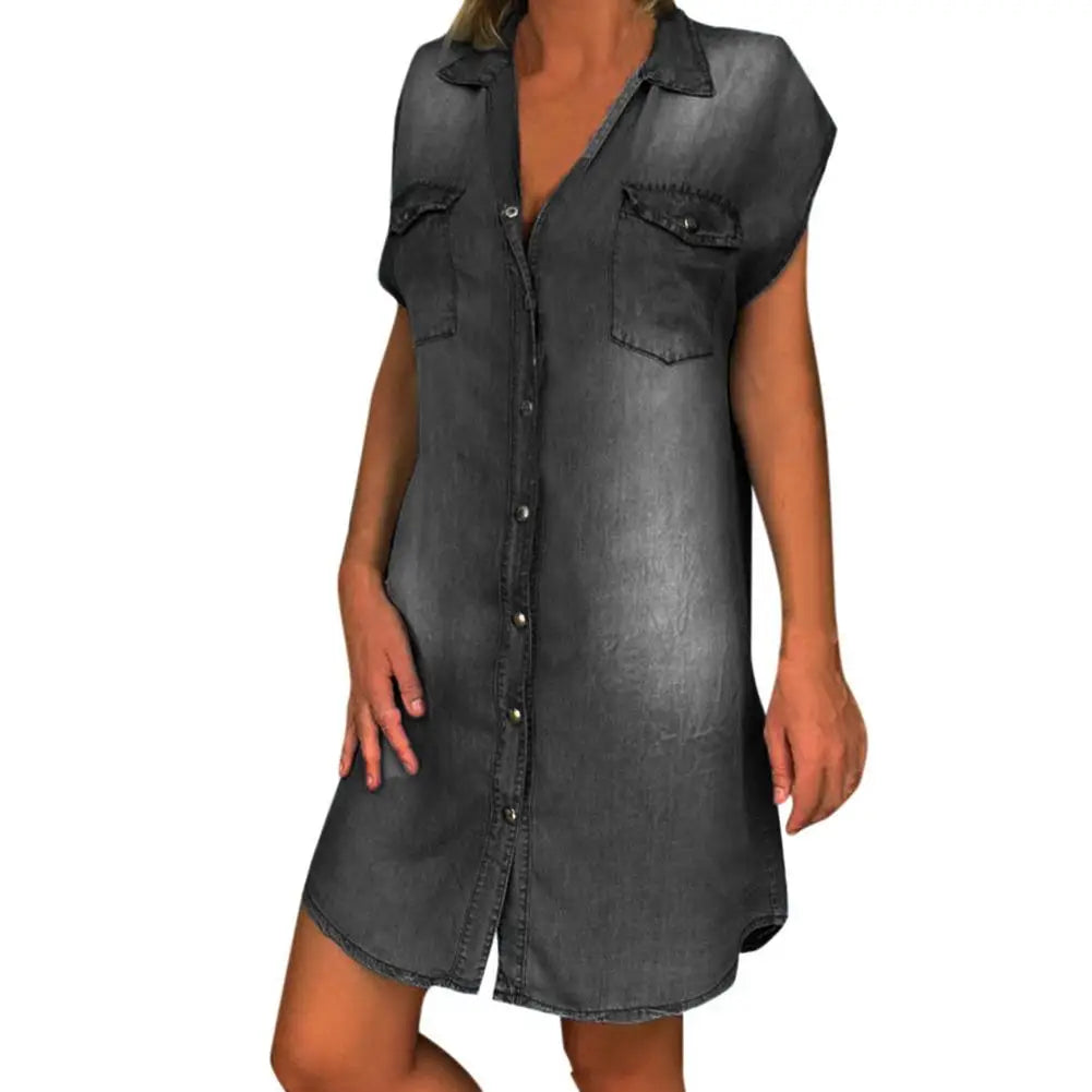 Fashion Women Dress Turn Down Collar Single-breasted Pockets Knee-length Vintage Denim Dresses for Women Summer 2021