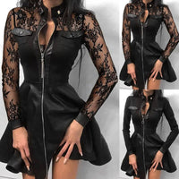 Fashion Dresses Women Lace Long Sleeve Zipper Pocket Large Hem Faux Leather Mini Dress Party elegant slim Sexy Women Dress