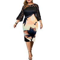 Women Dress Elegant Knee-length O Neck 3/4 Sleeve Floral Print Mesh Patchwork Bodycon Dress for Party Wedding Black 4xl vestidos