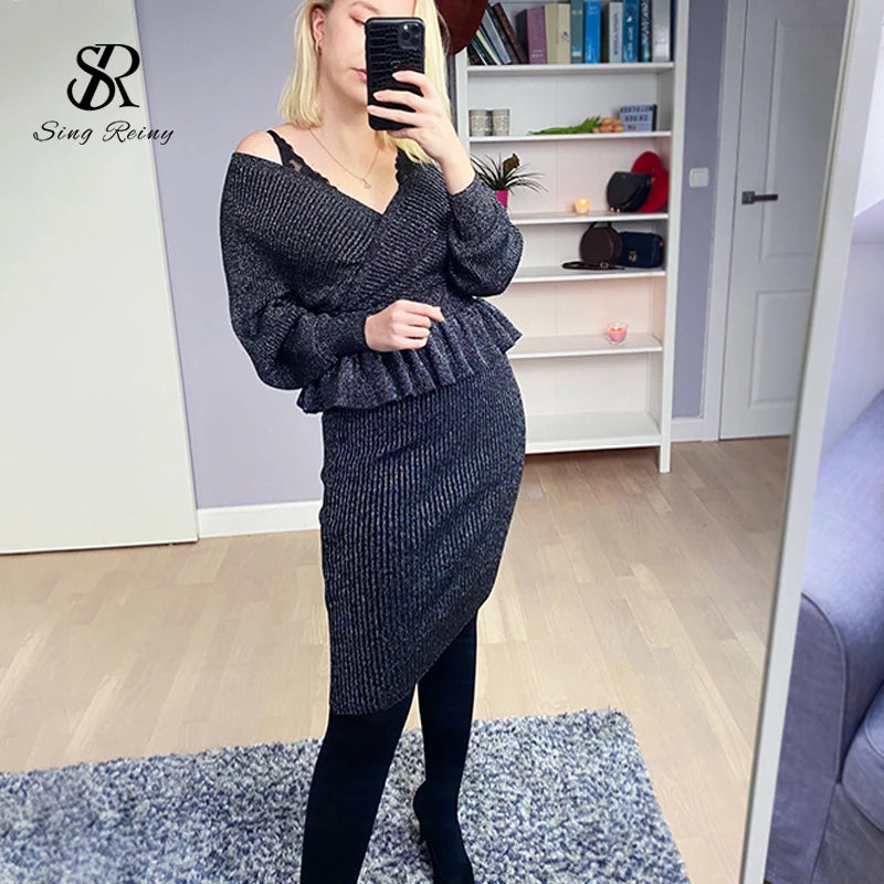 SINGRAIN Autumn Women Shiny Knitting Skirts Sets Lurex Ruffles Long Sleeves Wool Warm Sweater knitted Two Pieces Set Women