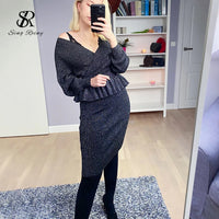 SINGRAIN Autumn Women Shiny Knitting Skirts Sets Lurex Ruffles Long Sleeves Wool Warm Sweater knitted Two Pieces Set Women