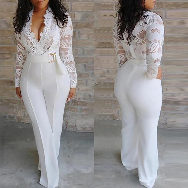 Elegant Lace Rompers Womens Summer Jumpsuit Solid Color Sexy Ladies Casual Long Trousers Overalls White Jumpsuit Office Lady