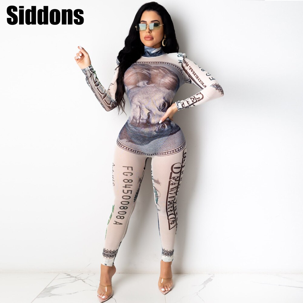 Rich Gyal US Money Dollar Print Jumpsuit Women Sheer Mesh Spliced Long Sleeve Slim Jumpsuit Streetwear Skinny Overalls