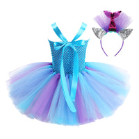 Kids Girls Cosplay Party Dress Princess Dress Up Mermaid Tulle Tutu Dresses Theme Birthday Party Costume with Flower Headband