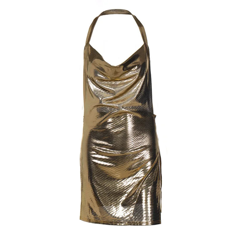 Wholesale Fashion Halter Shiny Bodycon Dress Backless Casual Club Mini Slit Dresses Women