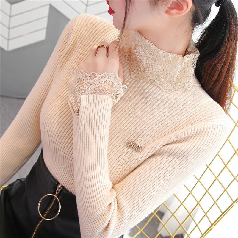 New Patchwork Lace Sweater Women Autumn Women Long Sleeve Jumper Blue Sweaters Casual Ladies Knitted Pullover Pull Femme P306