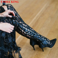 Fashion Black Lace Over The Knee Boots Lace Up Gothic Thigh High Boots High Heels Long Bridal Boots Pointed White Wedding Boots