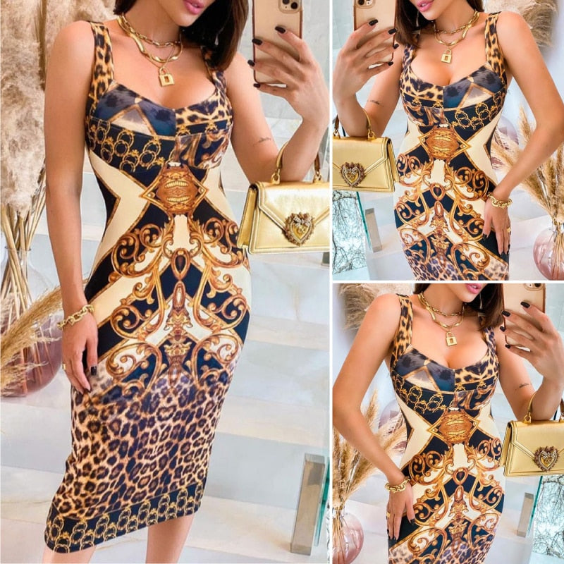 S-XL Summer Woman Sexy Fashion Sleeveless Cheetah Scarf Print Colorblock Midi Dress Yellow Leopard Tank Tight Party Dress Club