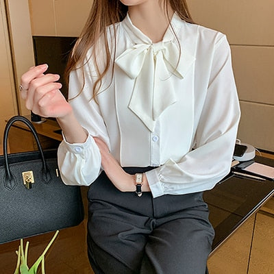 New Bow White Blouse Women 2022 Button Office Lady Long Sleeve Blue Chiffon Shirt Autumn Tops Woman Clothes Pocket Womens Shirts