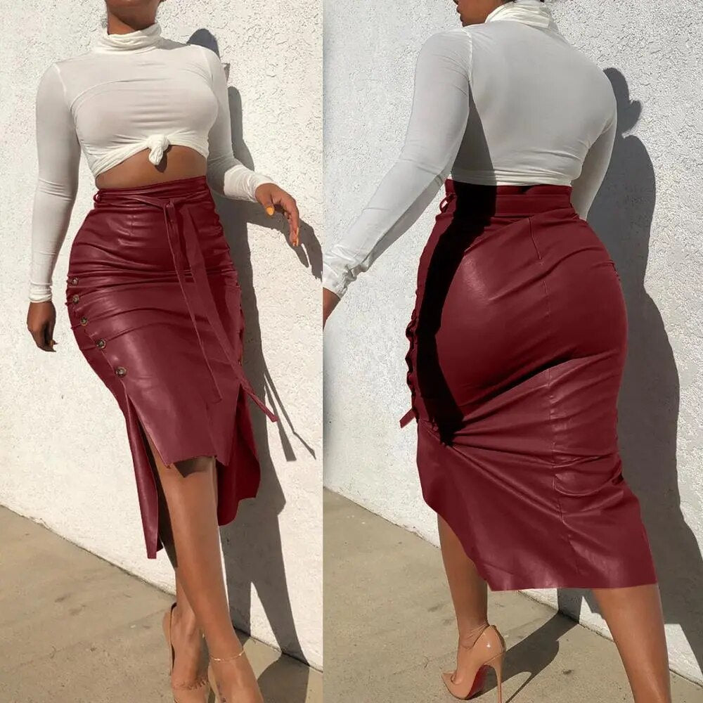 BKLD 2020 New Fashion Autumn Sexy Side Slit Button Midi Skirt High Waist PU Faux Leather Skirt With Belt Office Lady Style Skirt