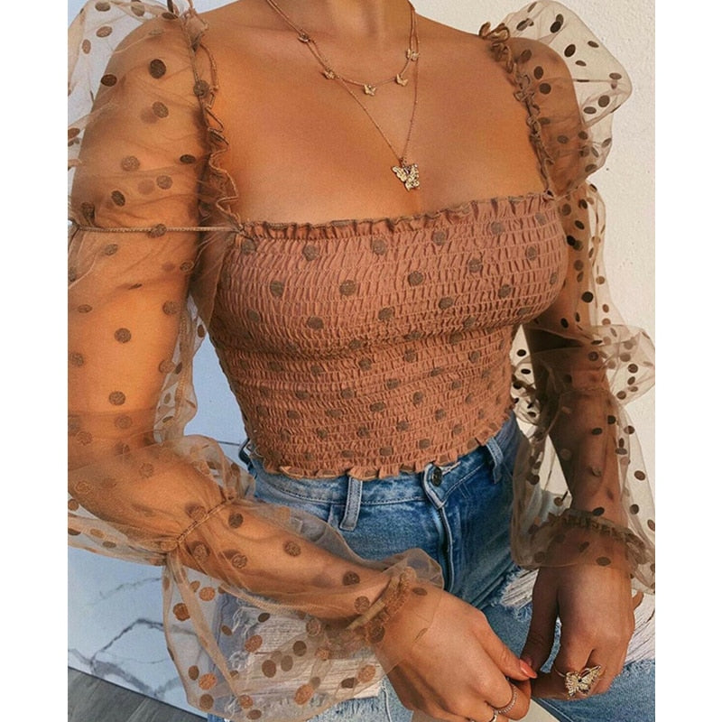 Sexy Mesh See-through Women Blouse Square Neck Polka Dot Puff Tube Top Sheer Long Sleeve Elastic Shirt Clubwear Party Streetwear