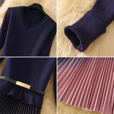 Autumn Winter Elegant Knitted Patchwork Gradient Print Pleated Dress Women Long Sleeve Office One-Piece Sweater Dress With Belt