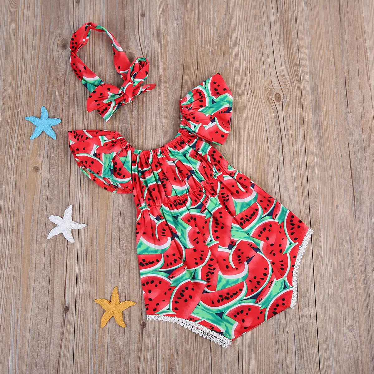 Toddler Infant Baby Girls Ropmers Cute Watermelon Ruffles Short Sleeve Bodysuit+Headband 2pcs Outfits Sets Lovely Summer Outfits