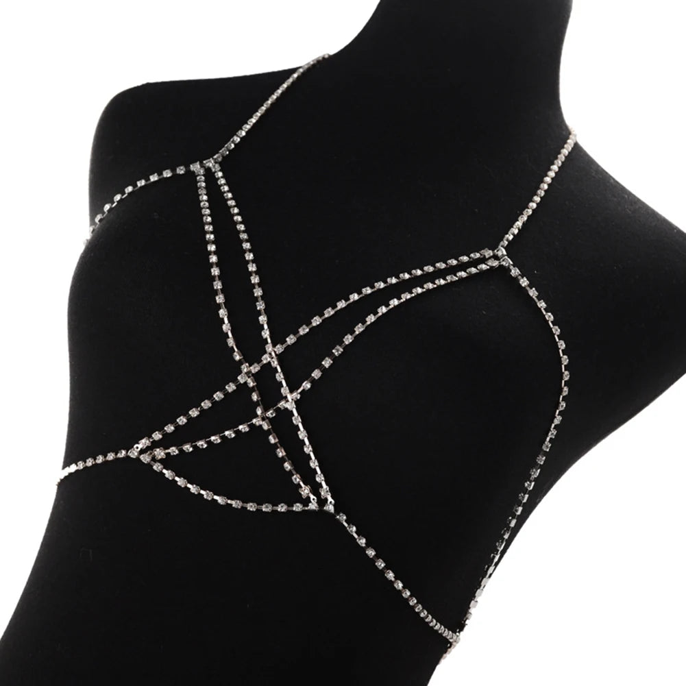 Fashion Sexy Women Shiny Full Rhinestone Bikini Harness Bra Chest Body Cup Chain Necklace Jewelry Personality Exaggeration Gifts