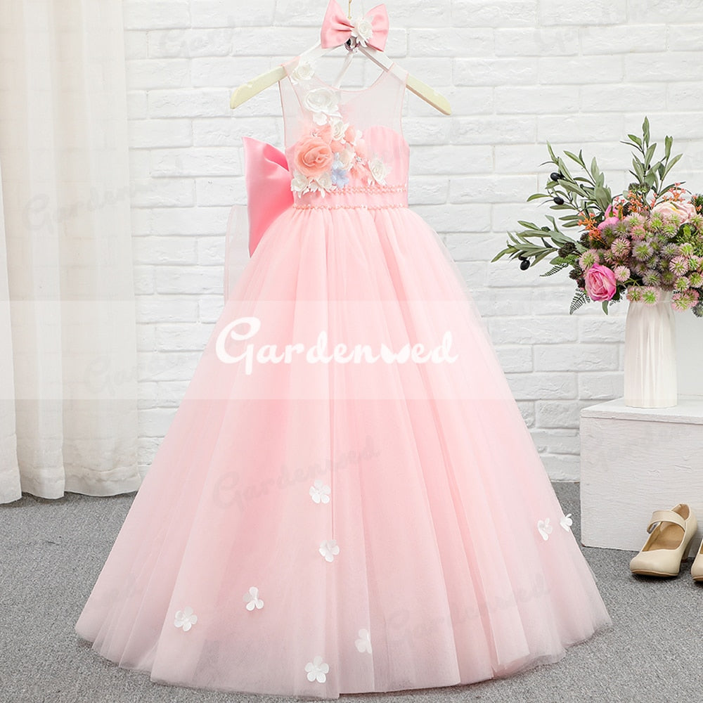 Puffy Pink Girl Ball Gown Dresses Tulle Flower Baby Baptism First Communion Dress Bow Knot Floweer Girl Dress Girl Wedding Dress