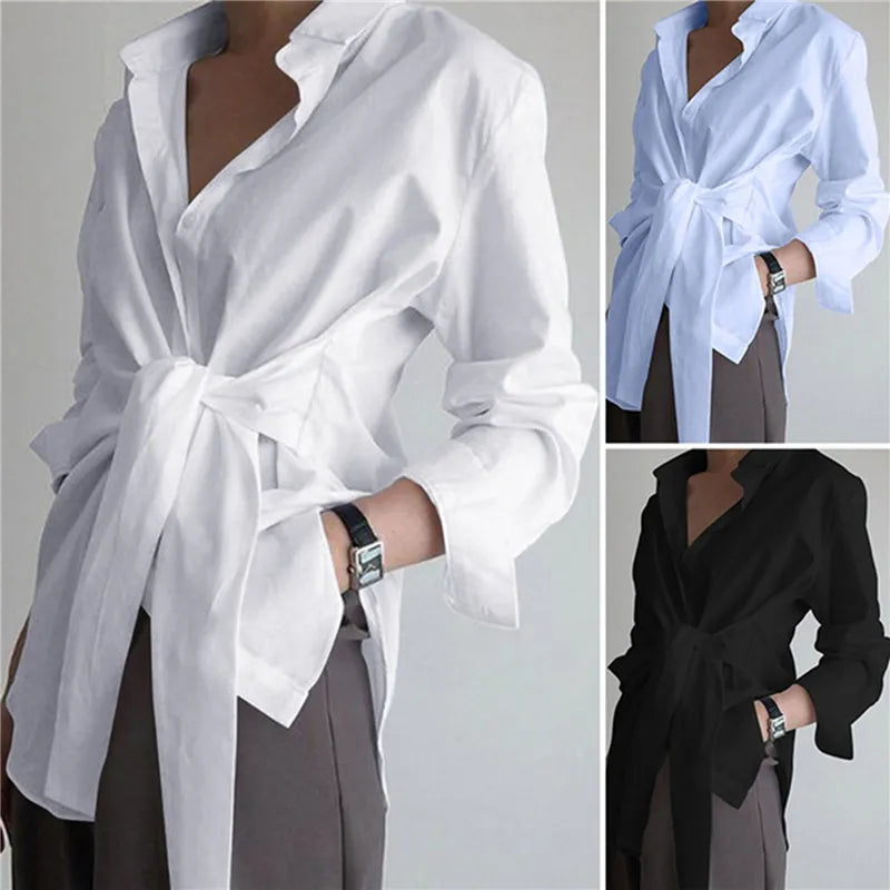 2023 Fashion Blouses Women's Long Sleeve Lapel Casual Loose Shirts Spring Solid Color Bandage Clothes Elegant Lady Tops