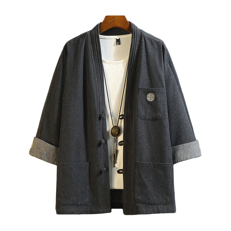Mens Denim Shirts  Summer Men Casual Cardigan Male Chinese Style Shirt Three Quarter Streetwear Open Stitch Shirts Men Dress