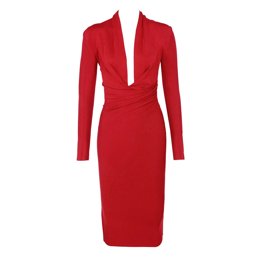 2023 Sexy V Neck Long Sleeve Lady's Party bandage Dresses Newest winter Bodycon Elastic Mid length celebrity Dress Wholesale