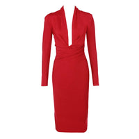 2023 Sexy V Neck Long Sleeve Lady's Party bandage Dresses Newest winter Bodycon Elastic Mid length celebrity Dress Wholesale