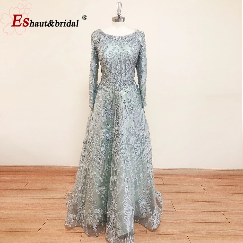 2023 Dubai O-Neck Crystal Handmade Evening Night Dress for Women Long Sleeves Lace Luxury A-Line Formal Wedding Prom Party Gowns