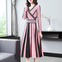 Dress 2019 autumn new color contrast pleated big swing dress autumn winter women&#39;s wear