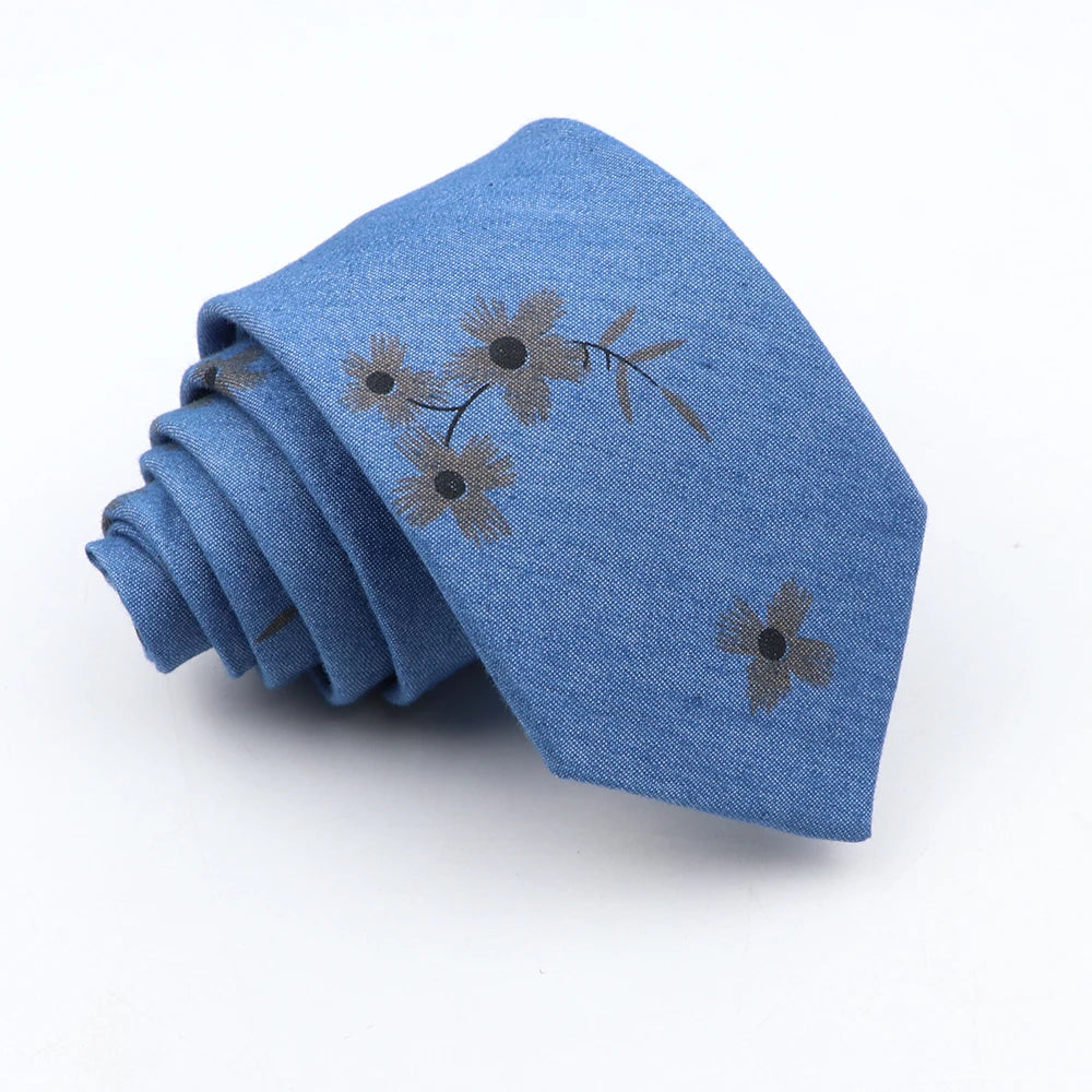 New Cotton Denim Ties For Men 7CM Floral Feather Dot Blue Neck Tie For Wedding Party Casual Print Slim Neckties Daily Wear Gift