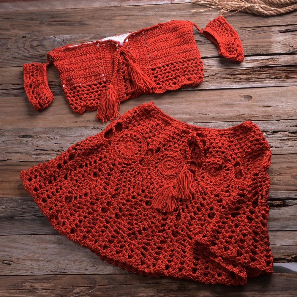 Crochet Two Piece Set Summer Beach Dress Hand Knitted Hollow Out Crop Top Mini Skirt Sheer Fishnet Cover Up Casual Suits