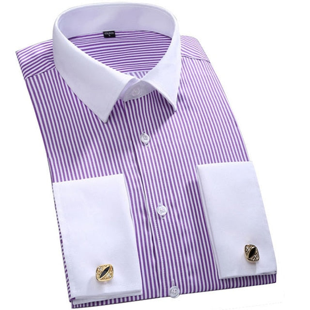 Men&#39;s Classic French Cuffs Striped Dress Shirt Single Patch Pocket Standard-fit Long Sleeve Wedding Shirts (Cufflink Included)