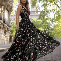 Hot Boho Elegant Dresses Women Sexy Sleeveless Backless Deep-V Embroider Floral Print Party Maxi Dress