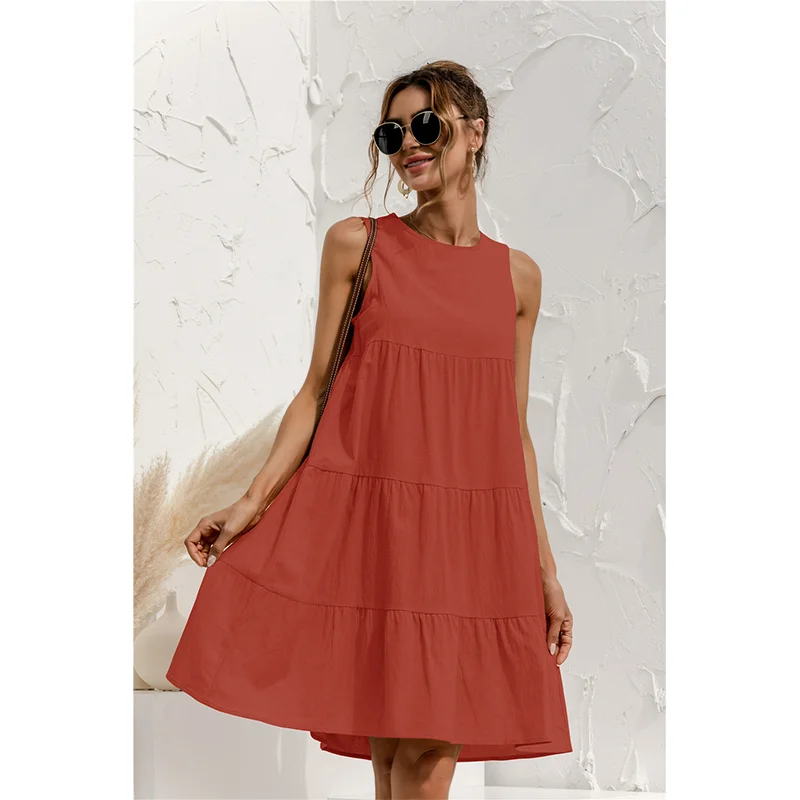 Loose Summer Vest Cotton Dress Sleeveless Solid Color Mid-length Dress Large Sewing Casual Swing 2023 Summer Women's