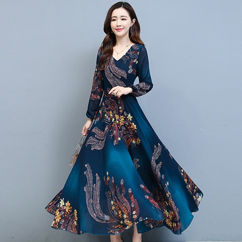 Sexy Vintage Evening Dresses Floral Chiffon Long Sleeve Casual Beach Dress