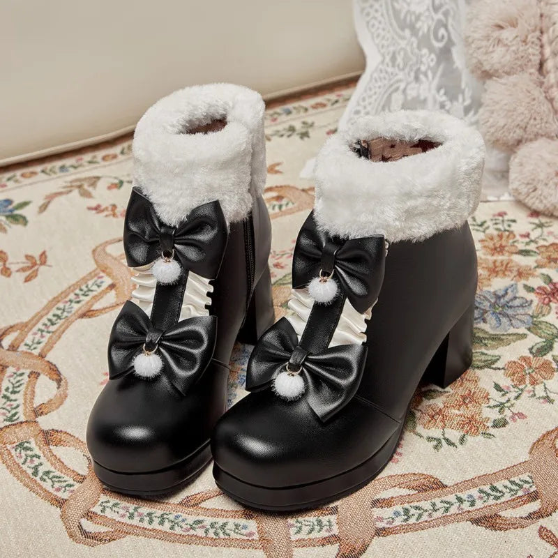 Winter Warm Fleece Fur Decoration Sweet Lolita Shoes Women Ankle Boots Cosplay Kawaii Princess Platform Girl Botas Plus Size 43