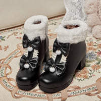 Winter Warm Fleece Fur Decoration Sweet Lolita Shoes Women Ankle Boots Cosplay Kawaii Princess Platform Girl Botas Plus Size 43