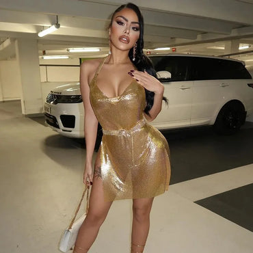 Wholesale Fashion Halter Shiny Bodycon Dress Backless Casual Club Mini Slit Dresses Women