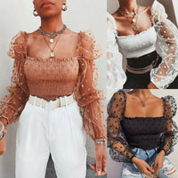 Sexy Mesh See-through Women Blouse Square Neck Polka Dot Puff Tube Top Sheer Long Sleeve Elastic Shirt Clubwear Party Streetwear