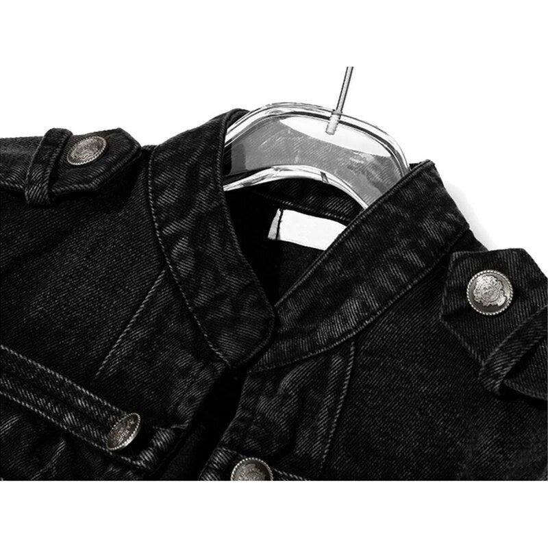 Streetwear Casual Loose Button Split Short Denim Jacket Women Fashion Spring Autumn 2023 Stand Collar Long Sleeve Jean Jacket