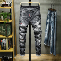 EH·MD® Ripped Hole Jeans Men's Paint Dots Ink Splattered Soft Cotton High Elastic Leather Label Black Grey Slim Pants Red Ears 2