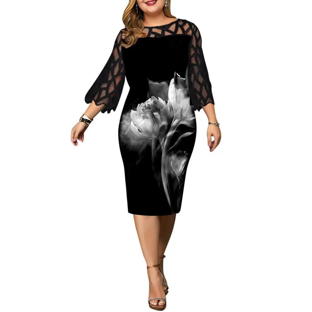 Women Dress Elegant Knee-length O Neck 3/4 Sleeve Floral Print Mesh Patchwork Bodycon Dress for Party Wedding Black 4xl vestidos