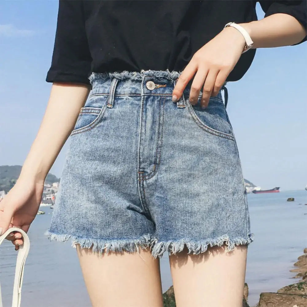 Slim Tassels Hole Sexy Denim Shorts Women's Fashion Casual Summer High Waist Loose Wide Leg Hem Denim Jeans Shorts Hot Pants