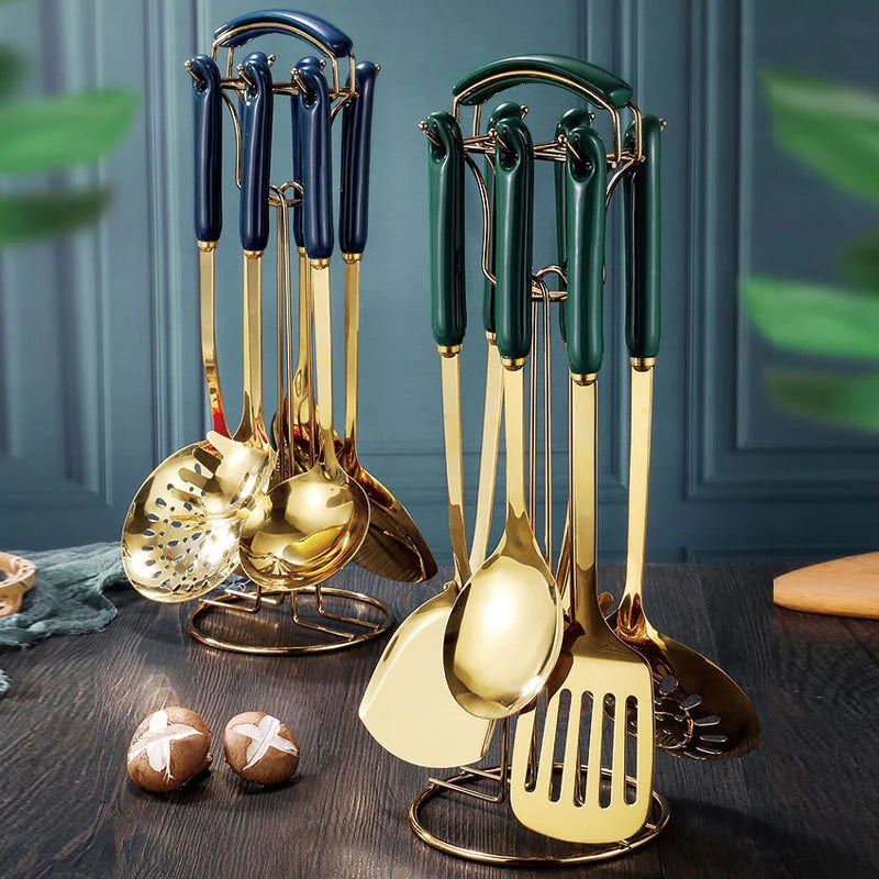 Luxury Cookware Kitchenware Sets Green Gold Colander Shovel Powder Kitchen Tools Ceramic Handle Hook Up Storage Metal Shovel