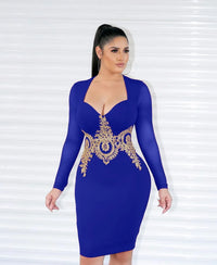 OKAYOASIS Office Lady V-neck Long Sleeve Bodycon Appliques Peplum Dress Elegant Blue Party Dress Vestdos