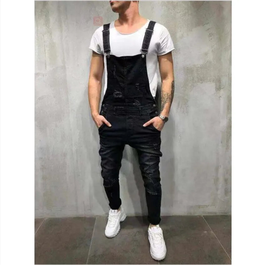 High Quality Men's Ripped Jeans Jumpsuits Hi Street Distressed Denim Bib Overalls For Man Suspender Pants Size XXXL Denim Pants