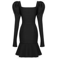 Sexy Women Winter Sexy Long Sleeve Square Collar Black Pleated Mini Bodycon Bandage Dress