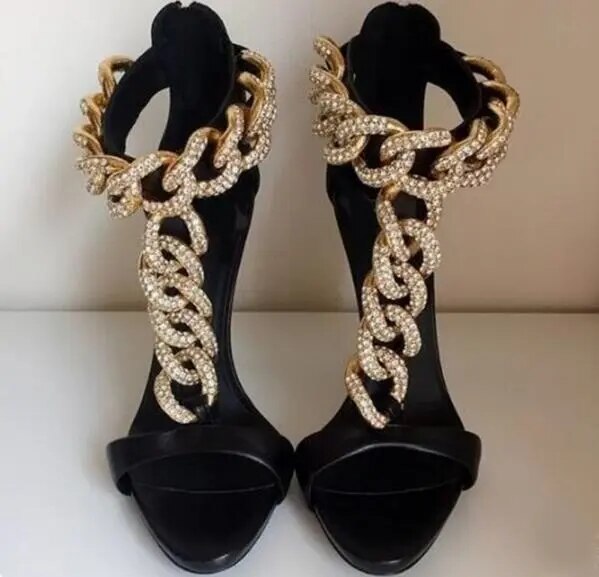 Sexy T-Strap Gold Metal Chain High Heel Sandals Studded Gladiator Heels Sandals Women Peep Toe Cut-out Shoes Black Plus Size