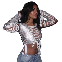 Glitter Rhinestones Criss Cross Bandage T Shirt Crystal Diamonds Long Sleeve Crop Top Sexy Women Club Party Fashion Tops 2022