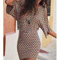 Wide Sleeve Vintage Print Dresses Women Summer Casual O-Neck Keyhole Back Hollow Out Sashes Sexy Bodycon Beach Style Mini Dress