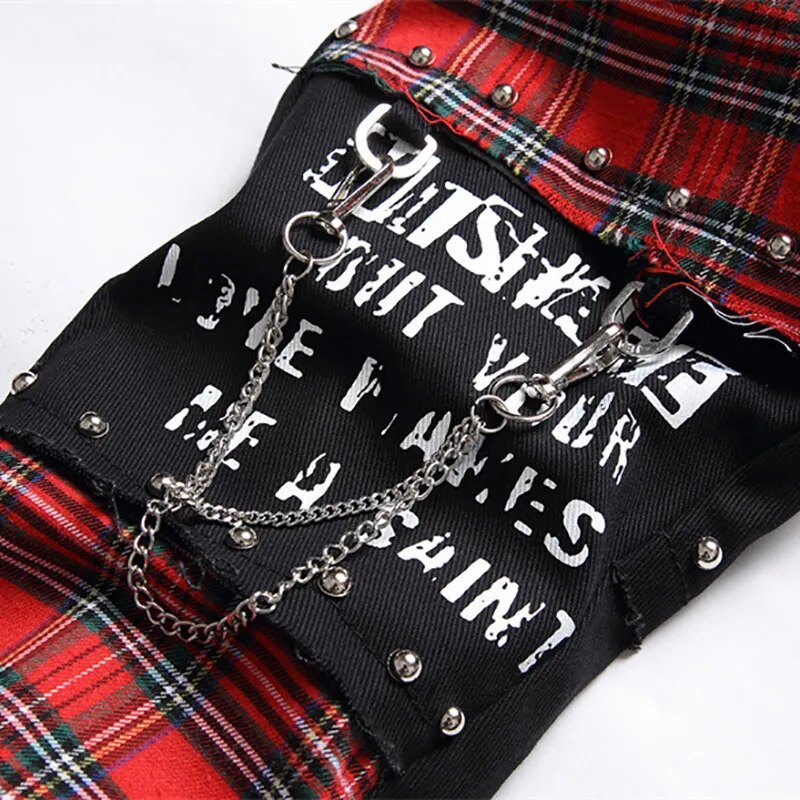 Men's Scotland Red Plaid Tartan Patchwork Jeans Punk Rivet Patch Black Denim Pants Skull Letters Printed Slim Straight Trousers